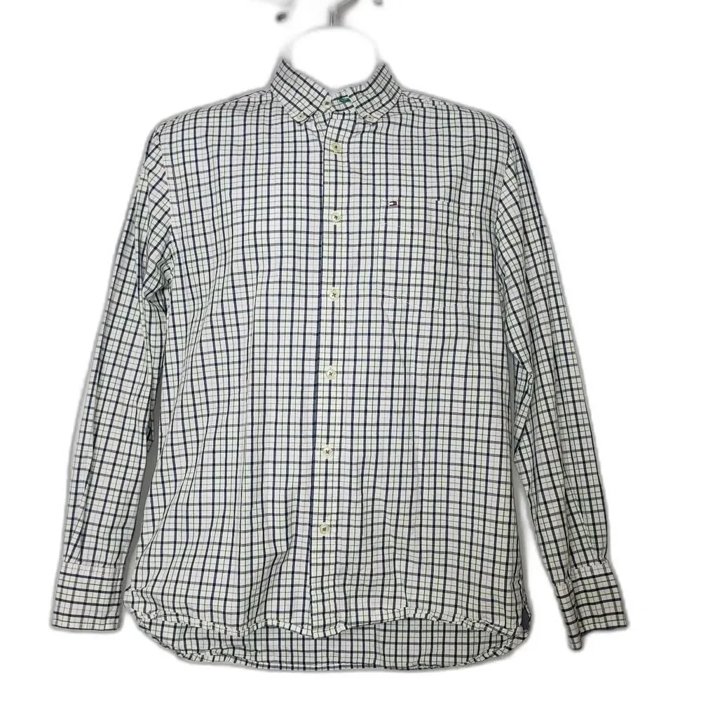 TOMMY HILFIGER Blue Green and White Button Down Dress Shirt Mens Size Medium
